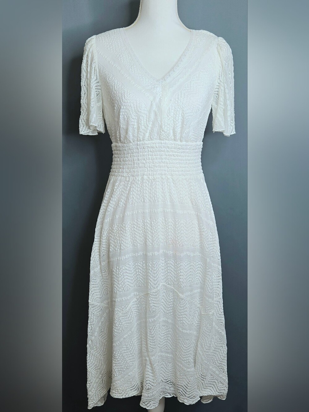 Rabbit Rabbit Designs White Lace V-Neck Smocked‎ Waist Boho Dress Size 8